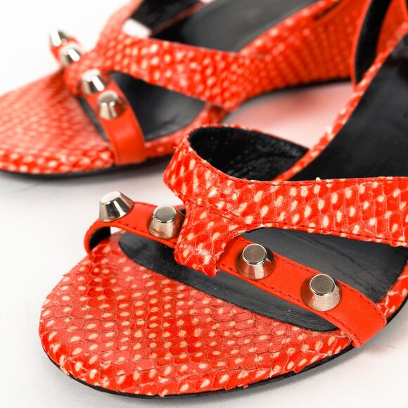 Balenciaga Orange Snakeskin-Embossed Studded Wedge Sandals - Picture 7 of 11